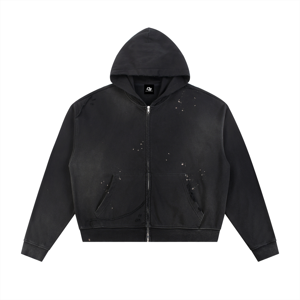 Off Script Gothic Skull Sun Fade Frayed Raw Edge Fleece Zip Hoodie