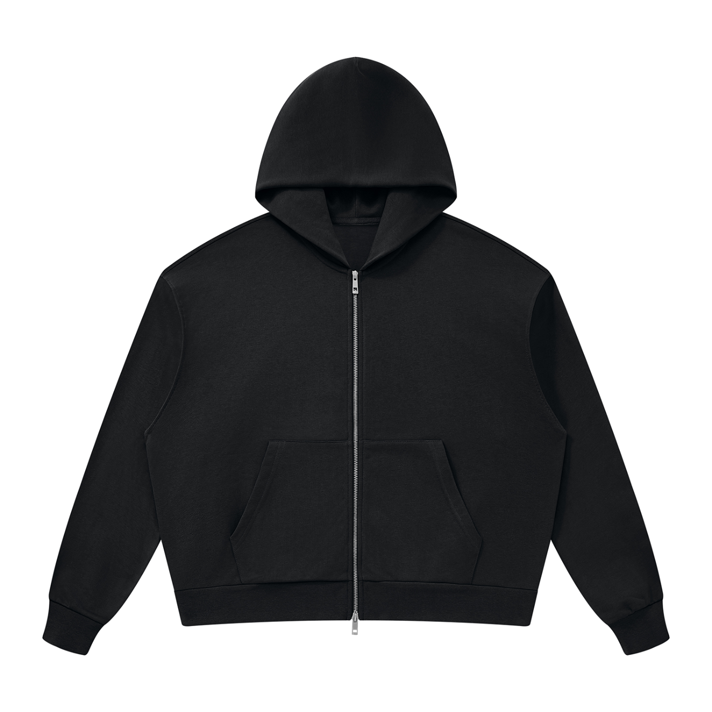 Unisex Drop Shoulder Full Zip Hoodie in Black — front view