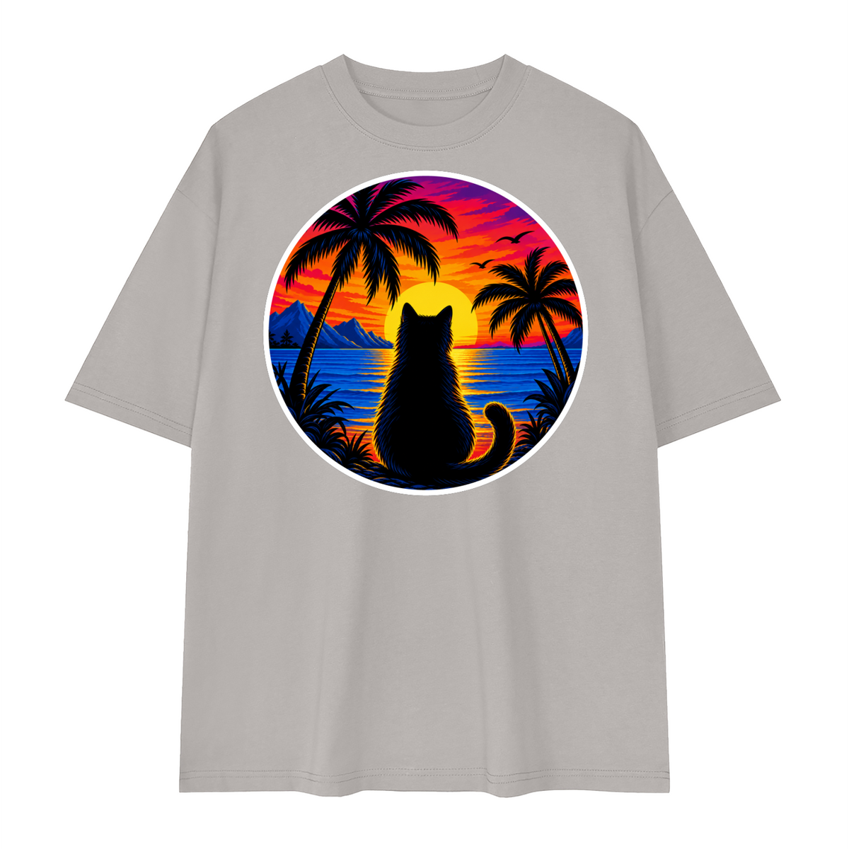 Tropical Sunset Cat Unisex Loose Drop Shoulder T-Shirt