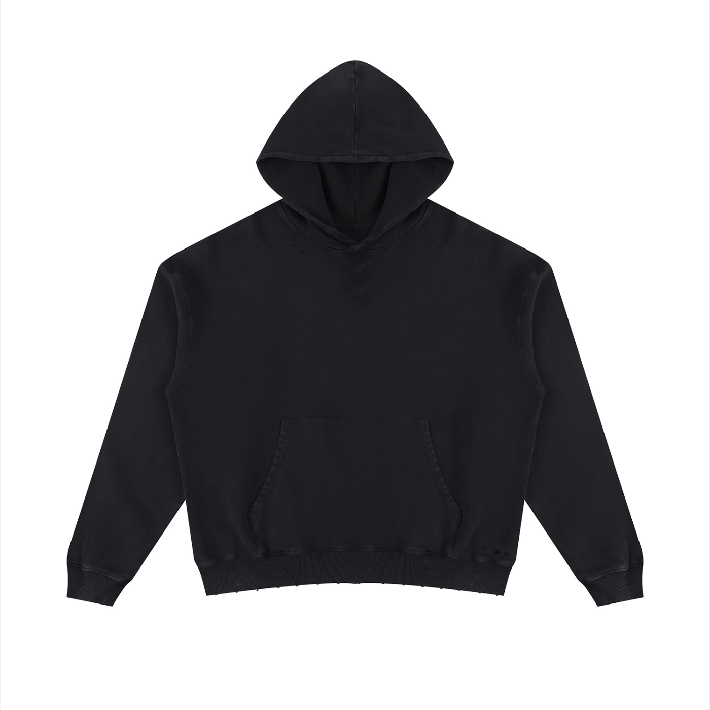 Unisex Mineral Wash Distressed Hoodie in Black — front view