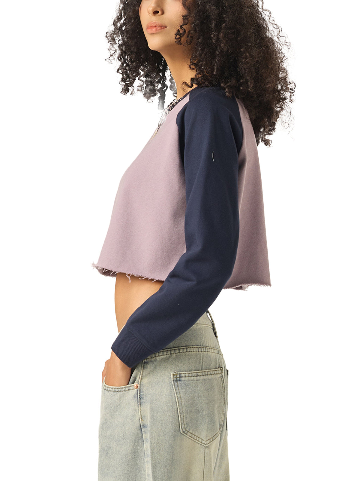 Raw-Hem Colour-Block Raglan Crop Sweatshirt