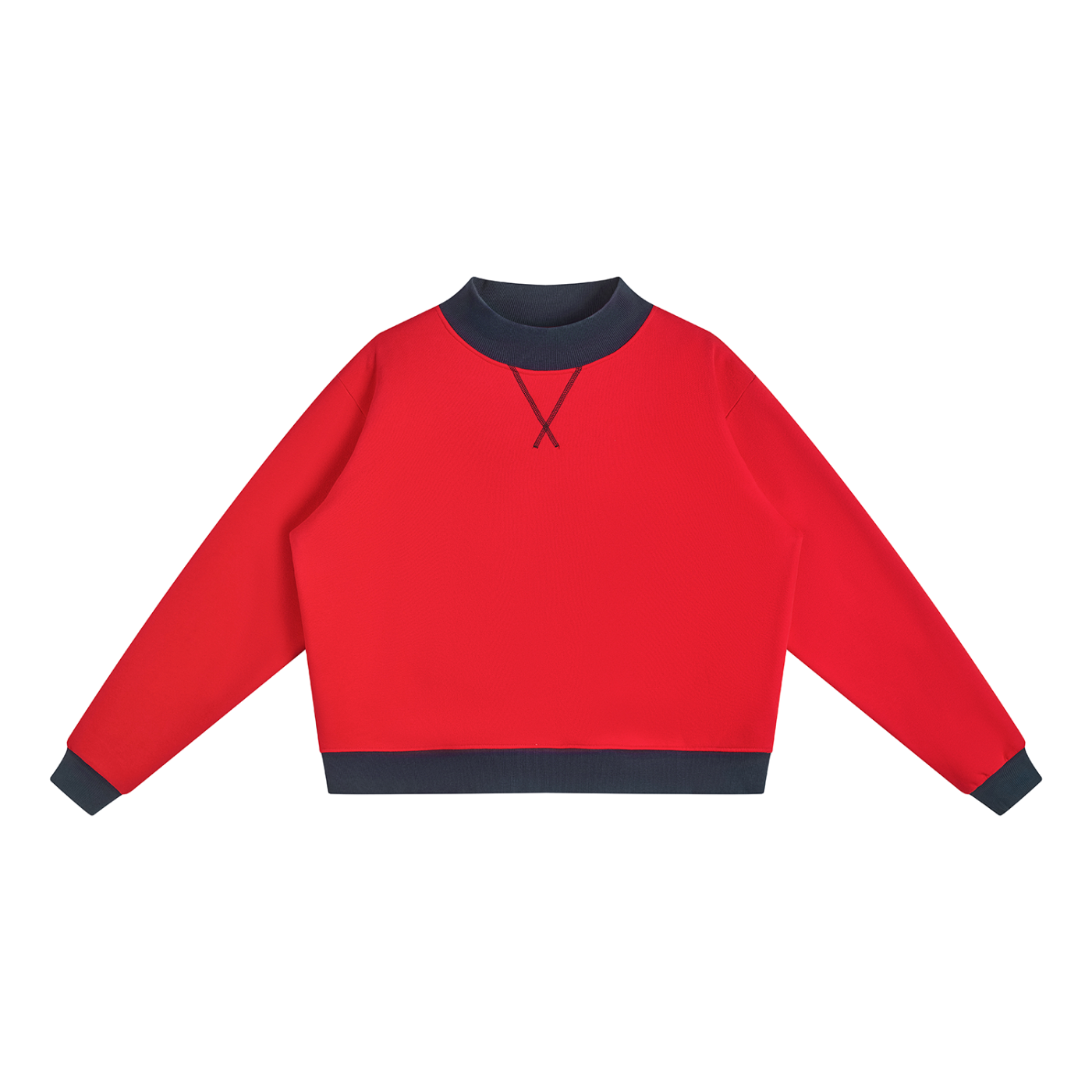 Women’s mock neck colour-block sweatshirt in red with navy blue, front view