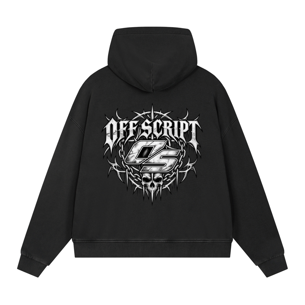 Off Script Gothic Skull Vintage Wash Full Zip Boxy Hoodie
