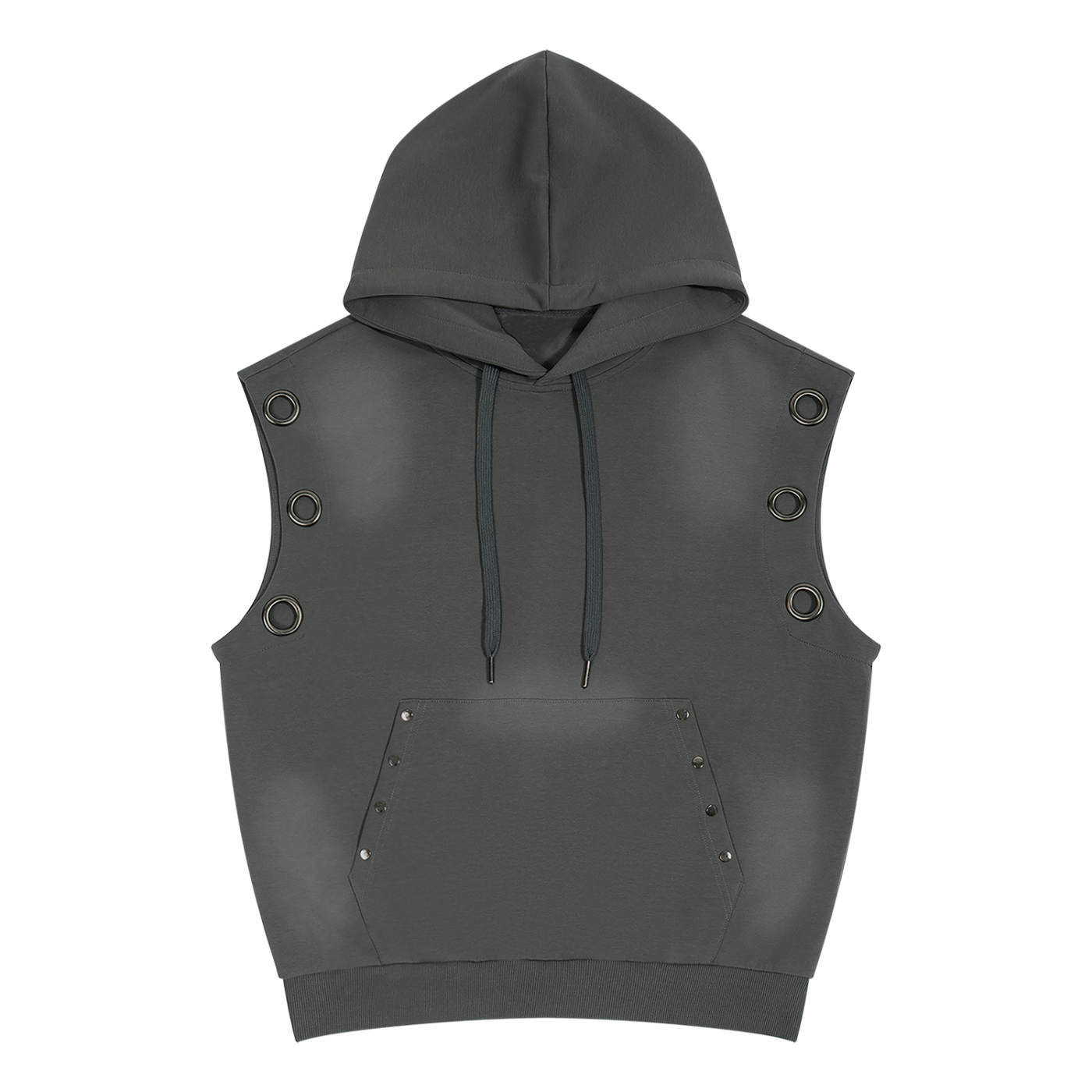 Vintage-Wash Sun-Fade Sleeveless Hoodie in Dark Grey — front view