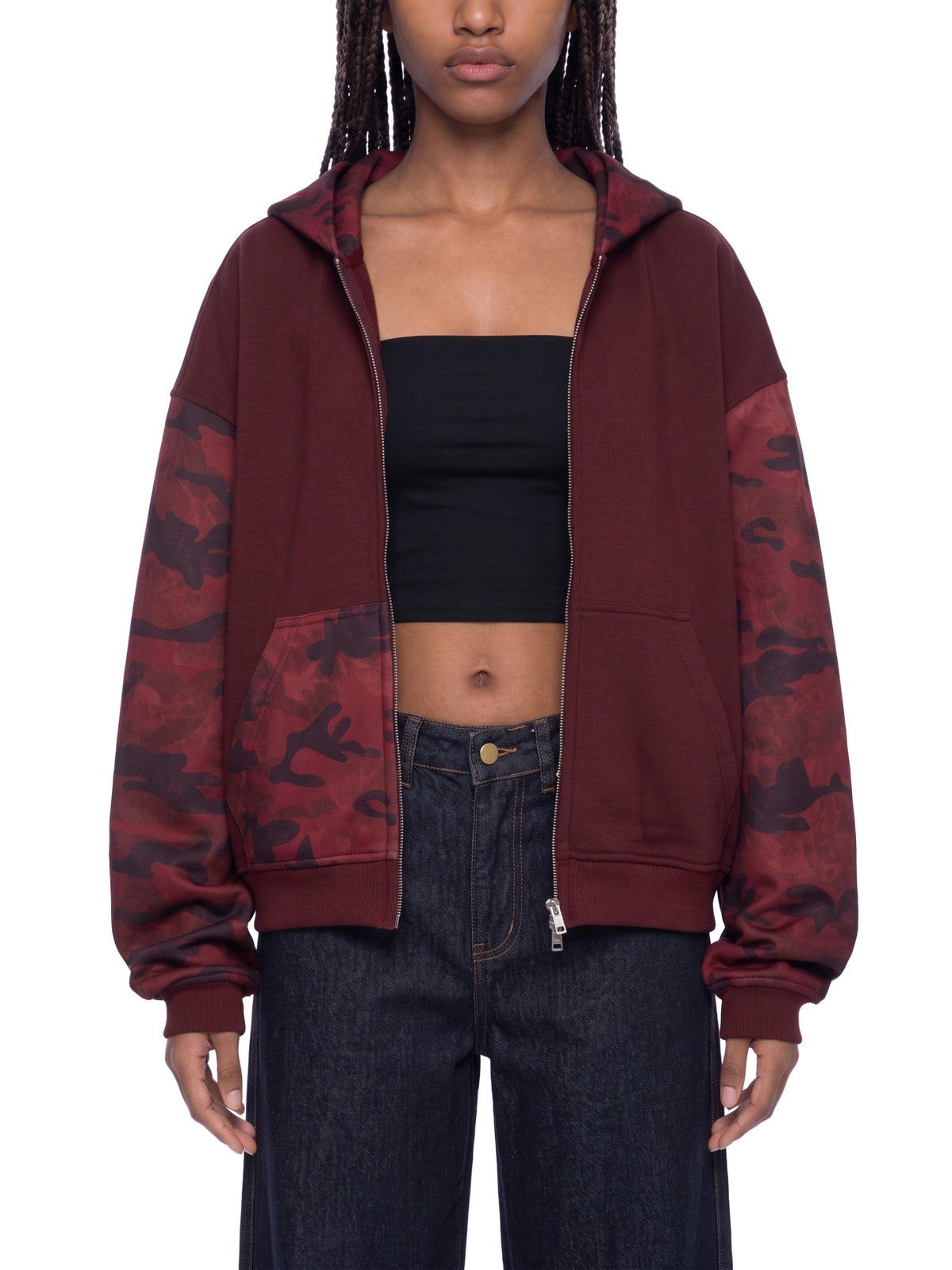 Unisex Colorblock Camo Full Zip Boxy Hoodie
