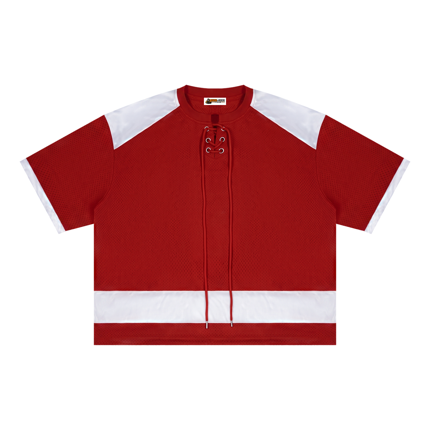 Unisex Raglan Sleeve Mesh Boxy T-Shirt in Red with White — front view
