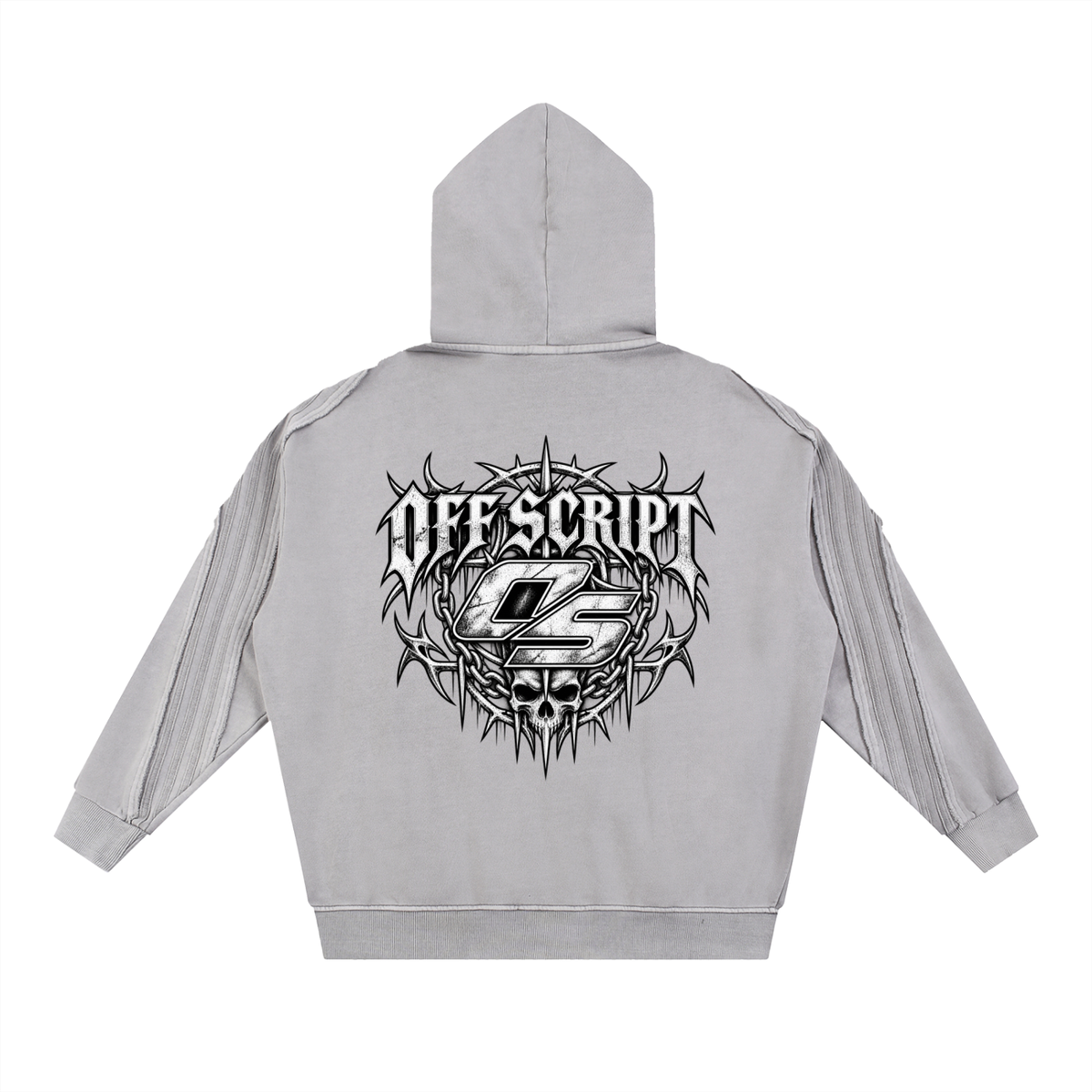 Light Gray Off Script Snow-Washed Tape Raw-Edge Zip Hoodie