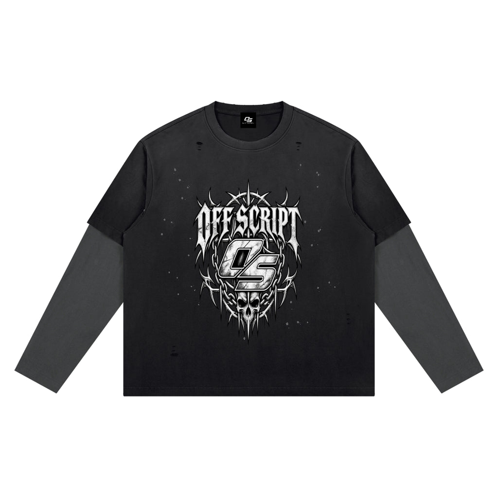 Off Script Gothic Skull Vintage Wash Distressed Layer T-Shirt