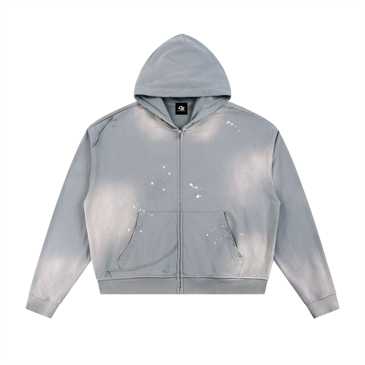 Off Script Gothic Skull Sun Fade Frayed Raw Edge Fleece Zip Hoodie