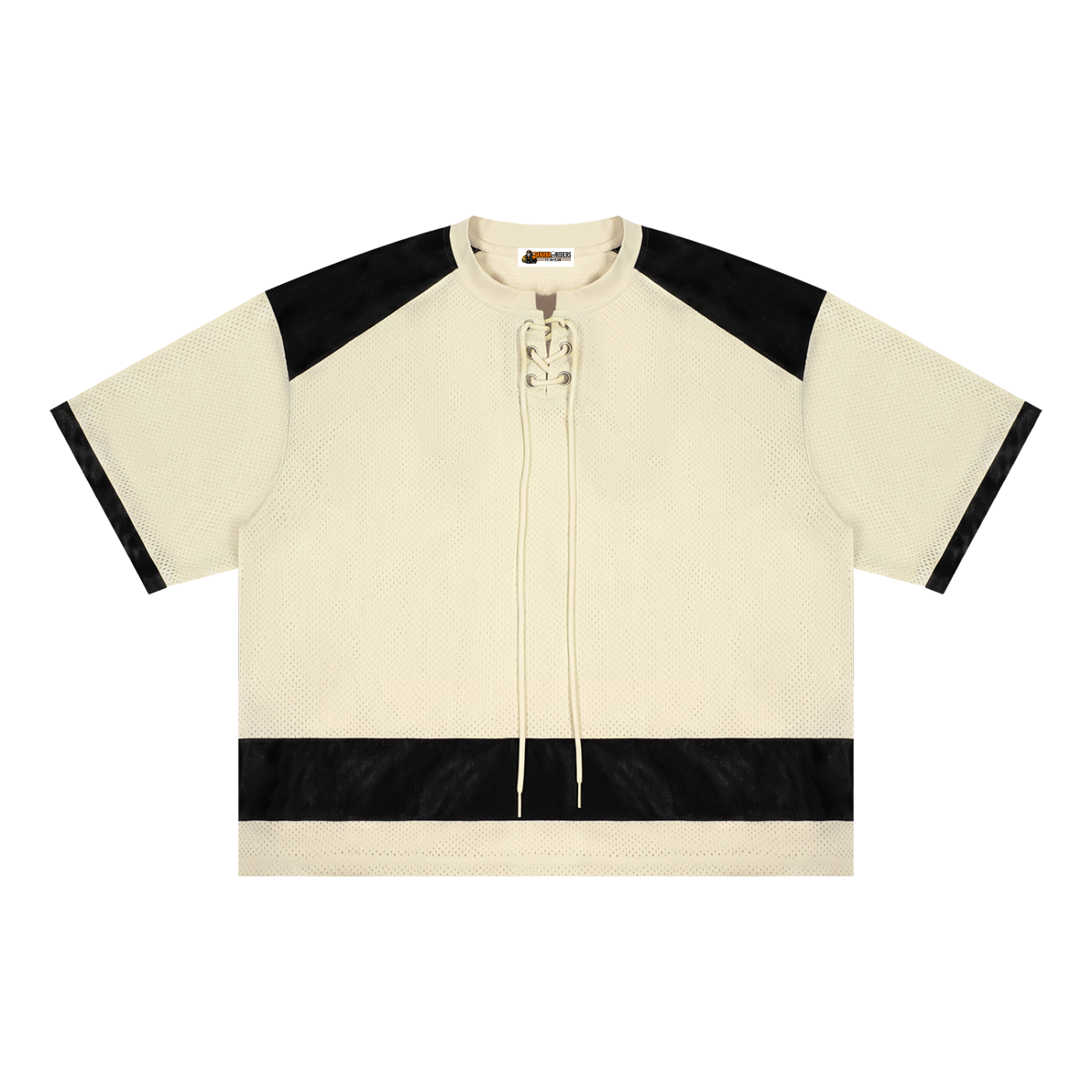 Unisex Raglan Sleeve Mesh Boxy T-Shirt in Apricot with Black — front view