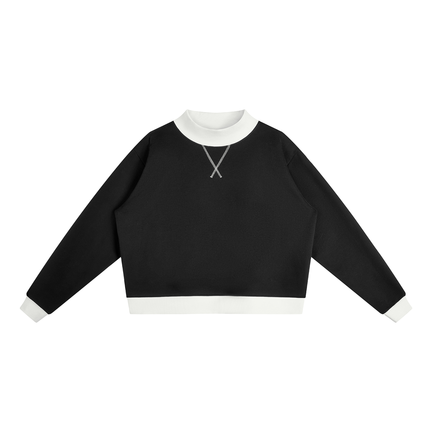 Women’s mock neck colour-block sweatshirt in black with white, front view