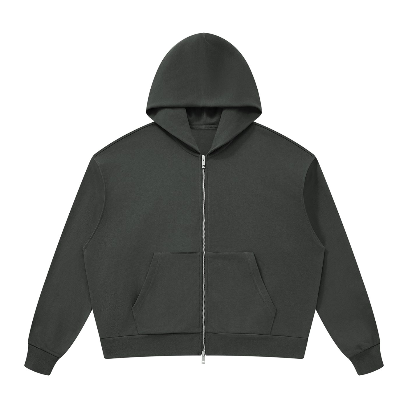 Unisex Drop Shoulder Full Zip Hoodie in Dark Grey — front view