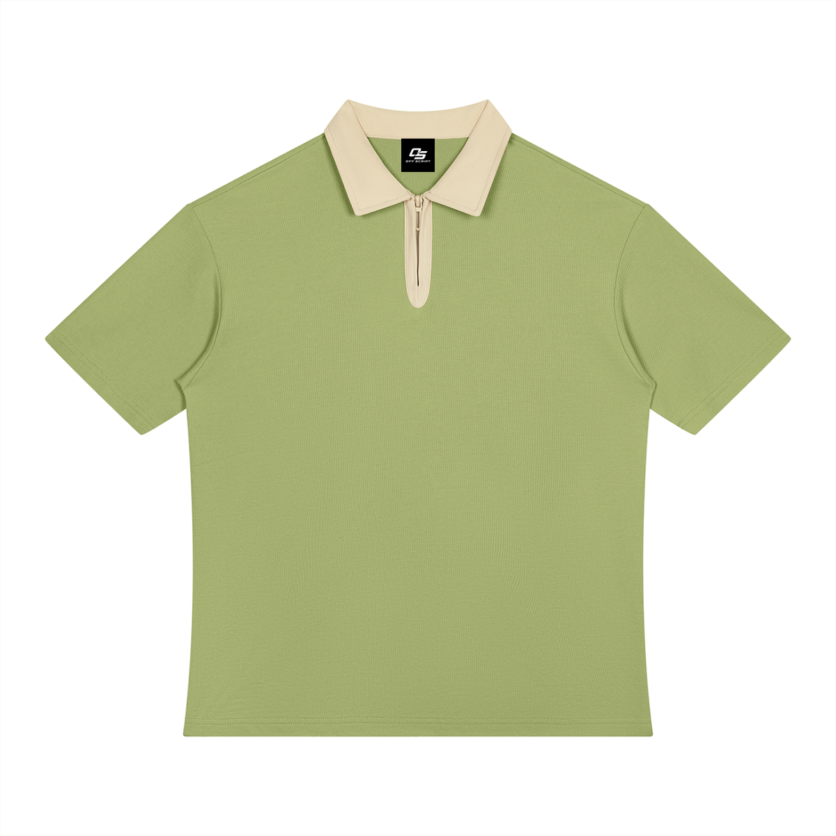 Avocado Green with Beige Camel Unisex Color Block Quarter-Zip Polo Shirt front product view