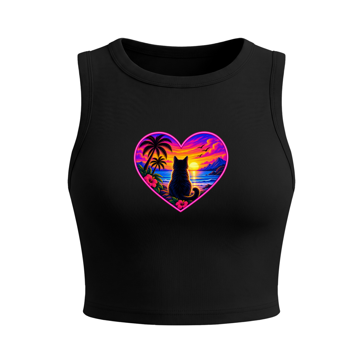 Tropical Sunset Cat Heart Women's Fitted Crop Tank Top