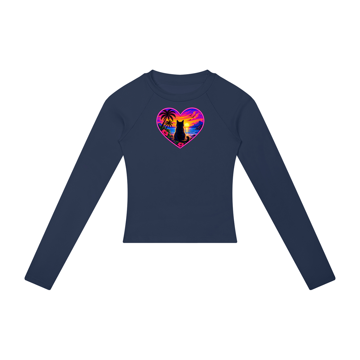 Sunset Cat Heart Women's Raglan Long Sleeve Crop T-Shirt