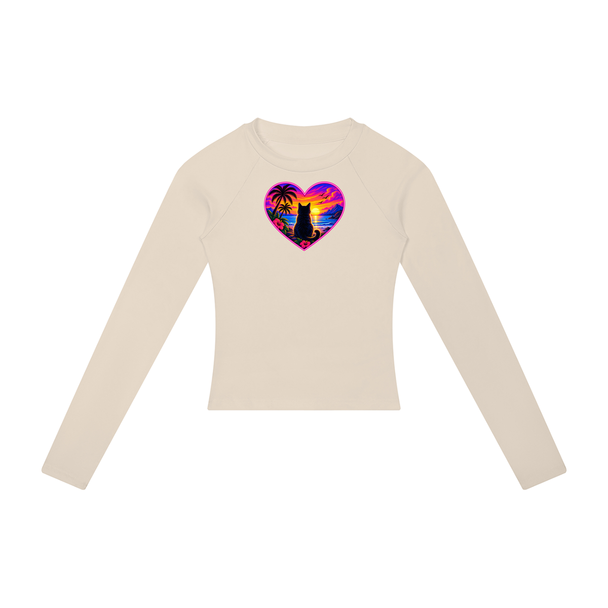 Sunset Cat Heart Women's Raglan Long Sleeve Crop T-Shirt