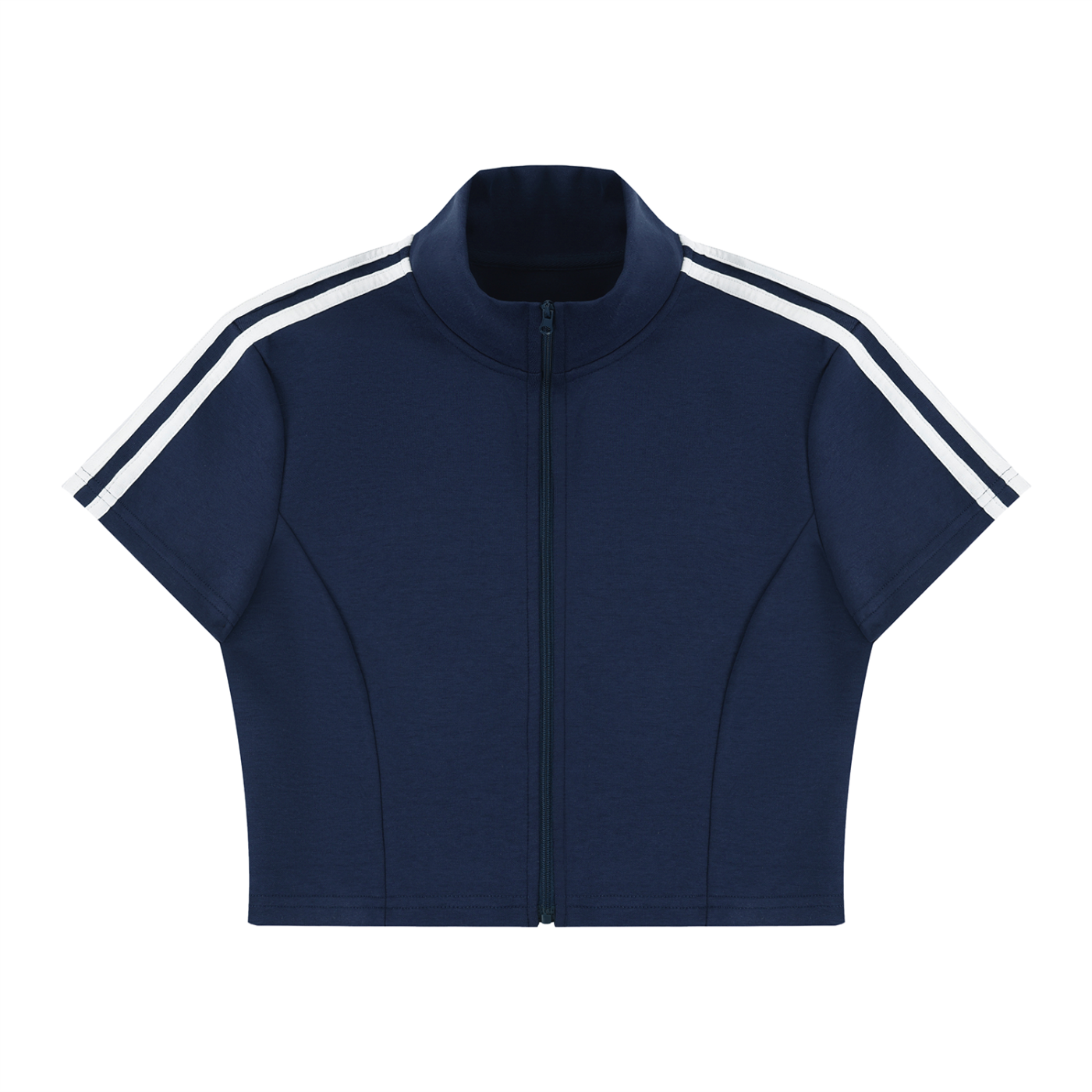 Women’s cropped full-zip short-sleeve T-shirt in navy blue