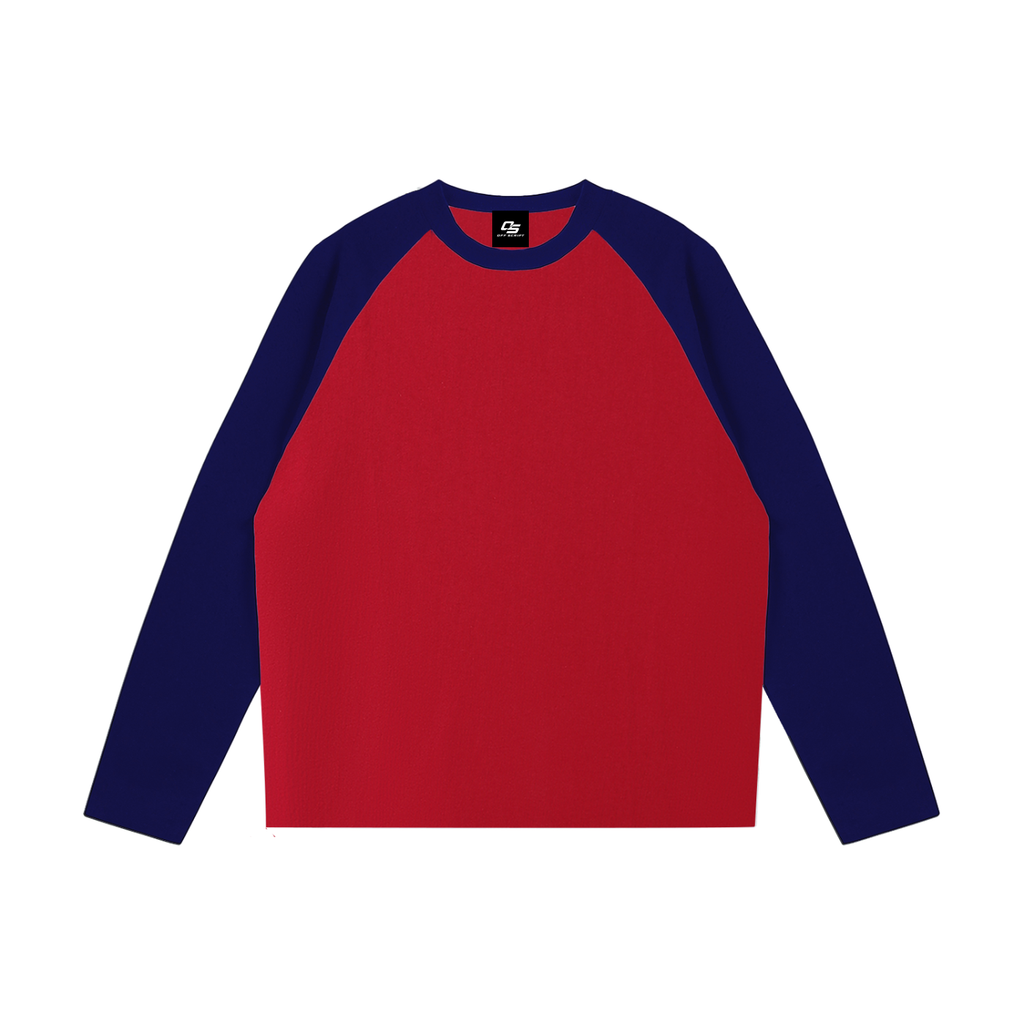 Red with Navy Blue Unisex colour-blocked raglan long-sleeve T-shirt front view