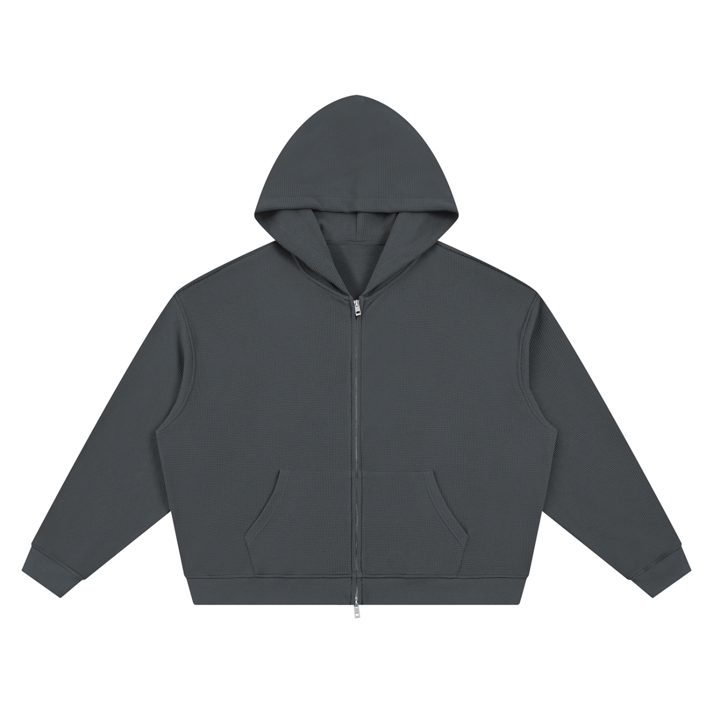Unisex Waffle Boxy Full-Zip Hoodie in Dark Grey — front view