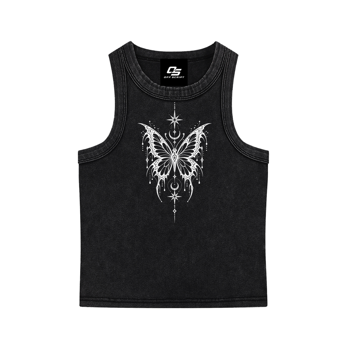 Celestial Butterfly women’s snow-washed tank top in black – front