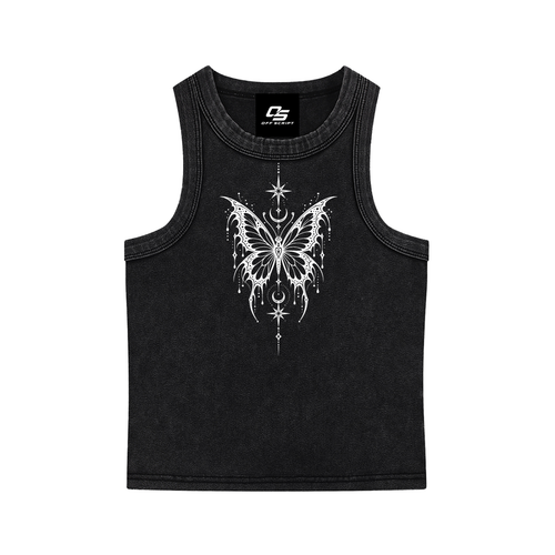 Celestial Butterfly women’s snow-washed tank top in black – front