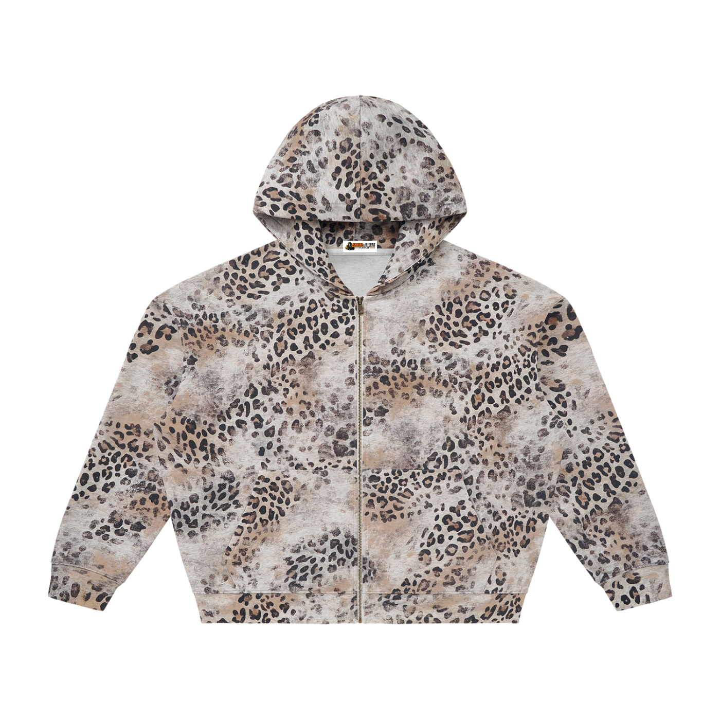Unisex Vintage Wash Leopard Full Zip Hoodie in Leopard Apricot — front view