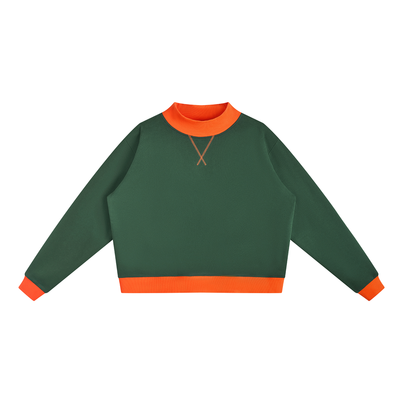Women’s mock neck colour-block sweatshirt in dark green with orange, front view