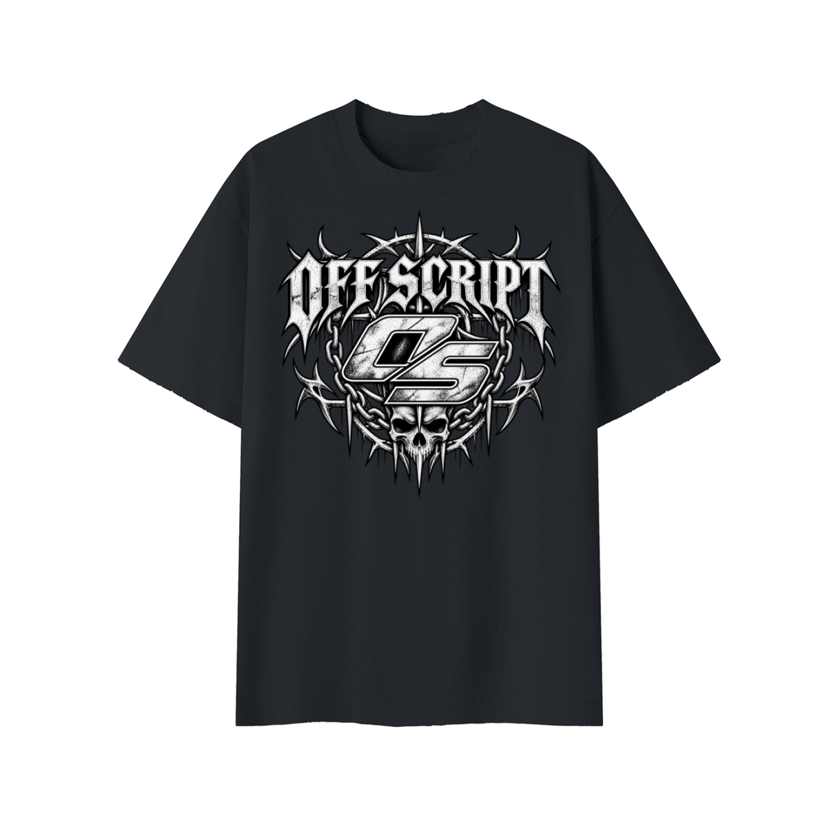 Off Script Gothic Skull Front-Print Vintage Wash Distressed T-Shirt