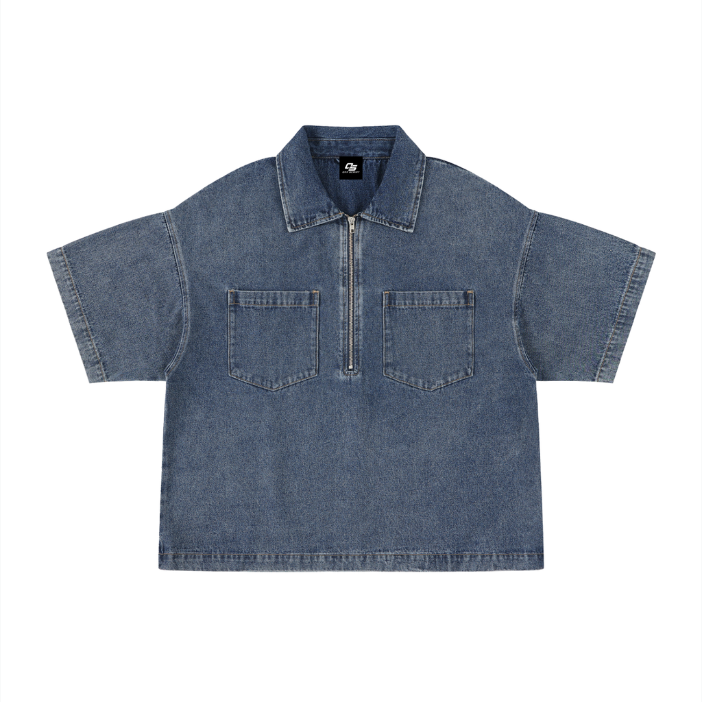 Unisex Vintage Wash Boxy Quarter-Zip Denim Shirt