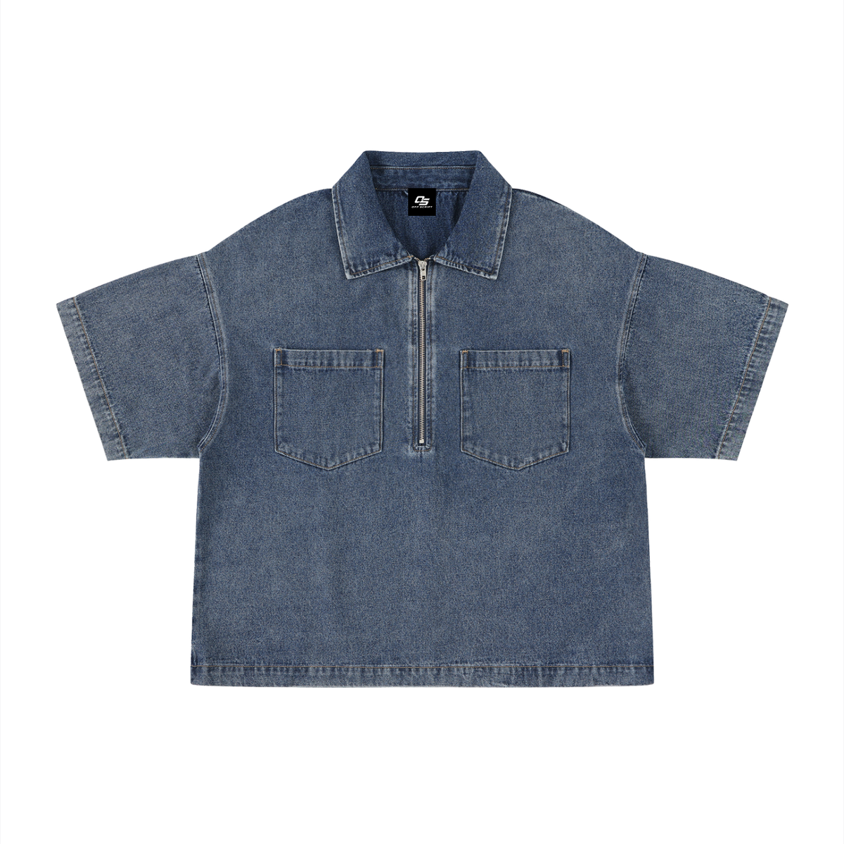 Unisex Vintage Wash Boxy Quarter-Zip Denim Shirt