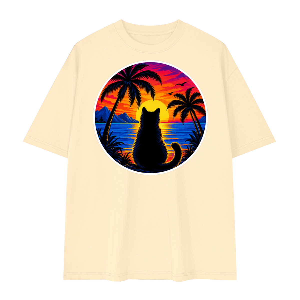 Tropical Sunset Cat Unisex Loose Drop Shoulder T-Shirt