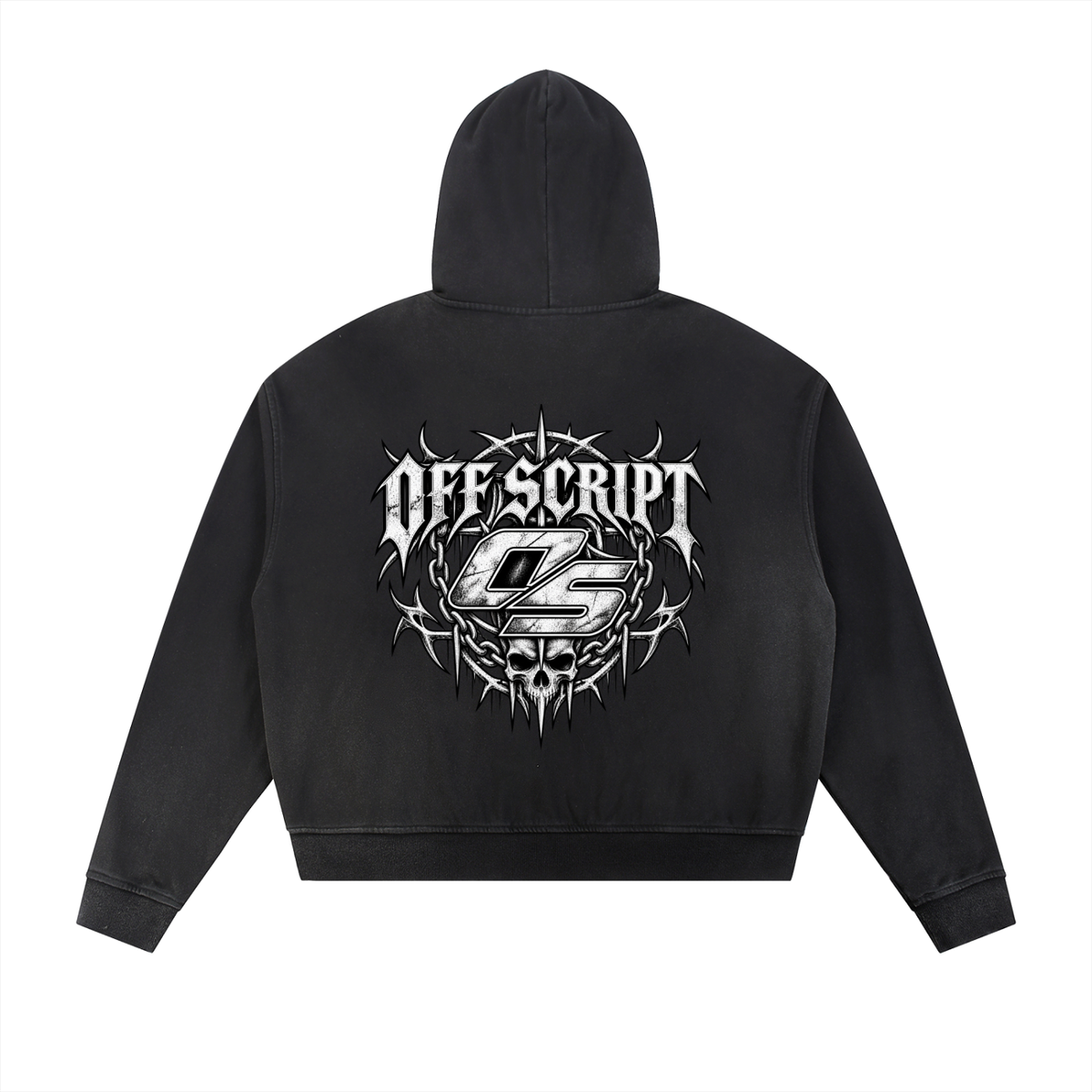 Off Script Gothic Skull Sun Fade Frayed Raw Edge Fleece Zip Hoodie