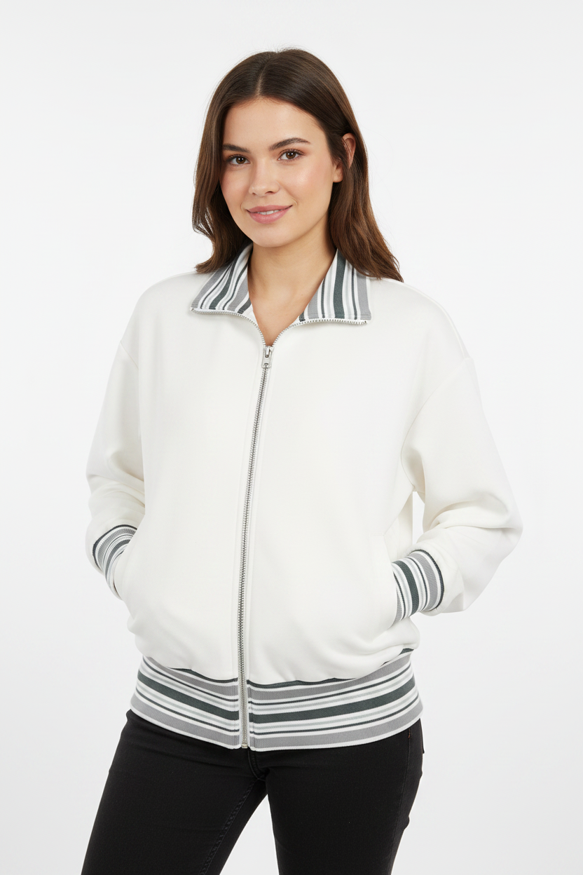 Striped Rib Collar Zip Jacket