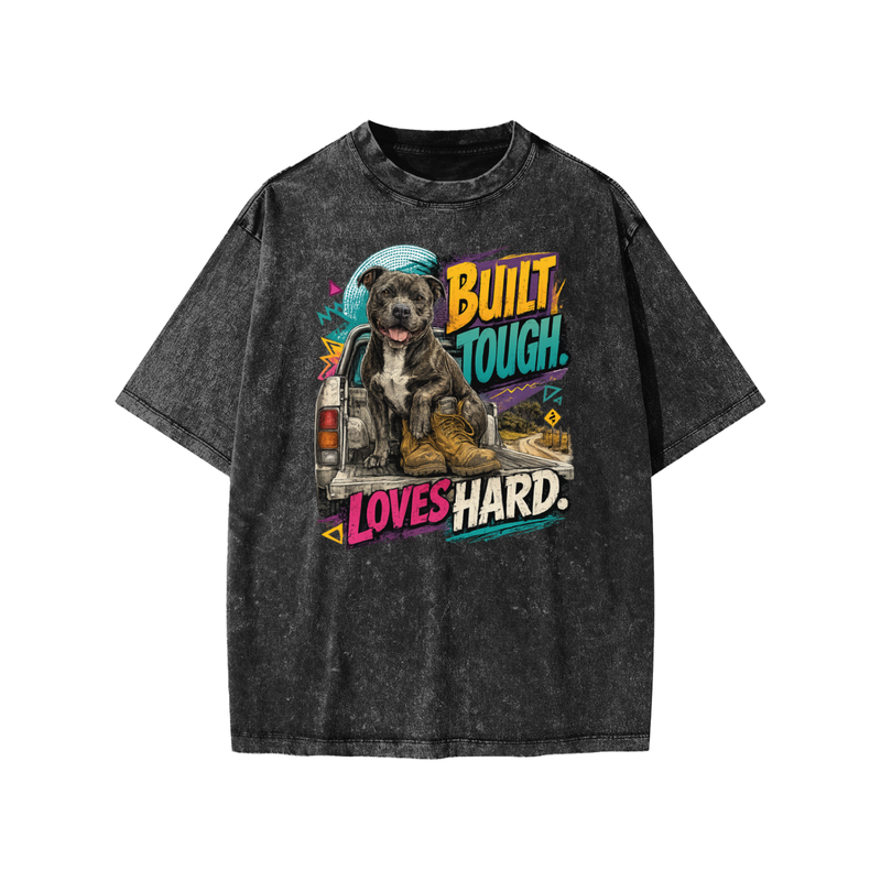 Built Tough Loves Hard snow-washed kids’ T-shirt in black