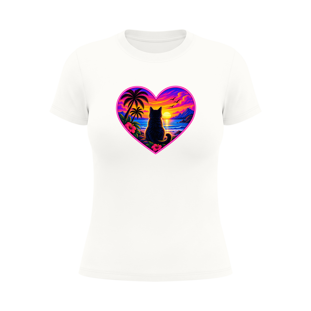 Women's Cat Sunset Heart Graphic T-Shirt