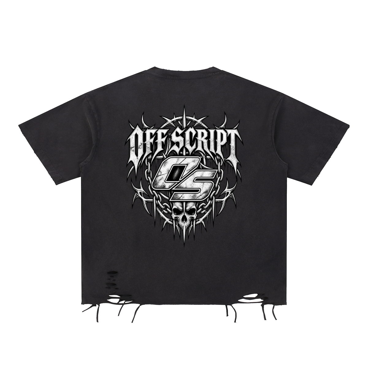 Off Script Gothic Skull Snow Washed Raw-Hem T-Shirt