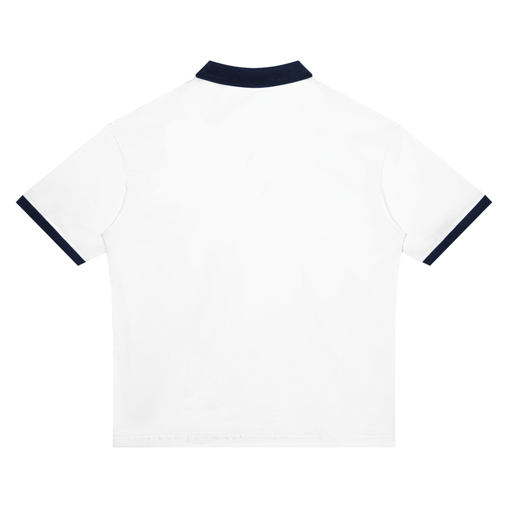 White with Navy Blue Unisex Color Block Polo Shirt back product view