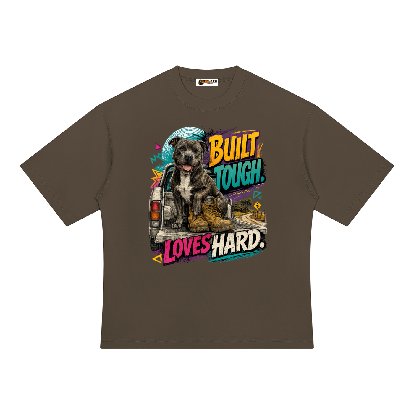 Built Tough Loves Hard heavyweight oversized T-shirt in Coffee — front view