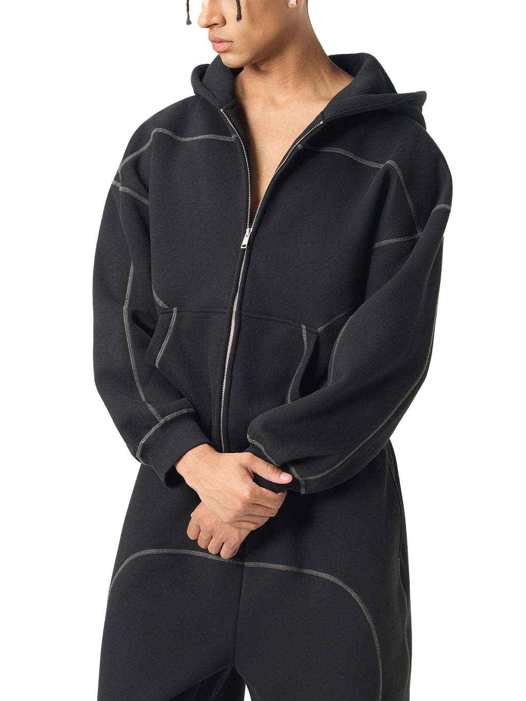 Contrast-Stitched Boxy Fleece Zip Hoodie