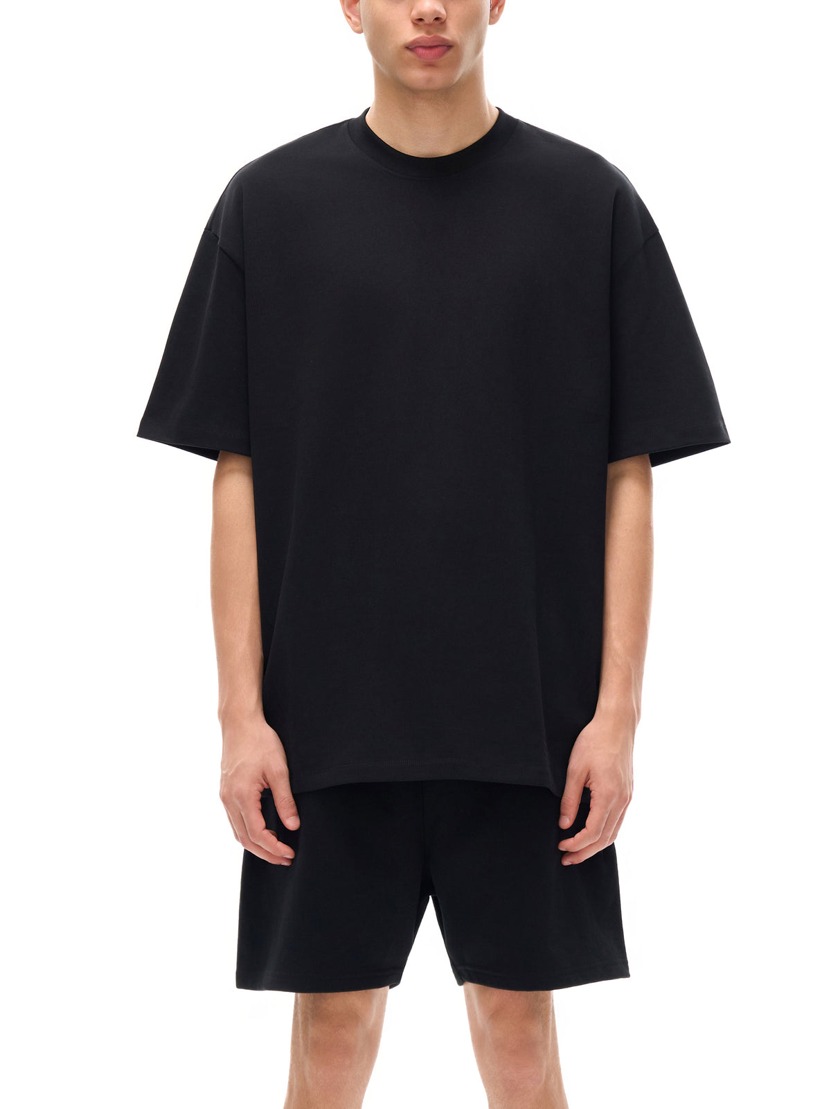 Unisex heavyweight Earth Tone T-shirt in Black – front model view