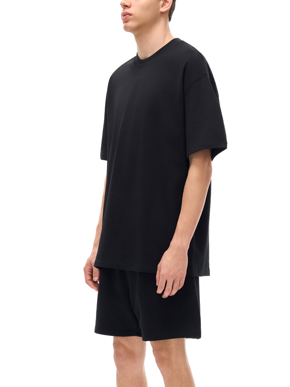 Unisex heavyweight Earth Tone T-shirt in Black – side model view