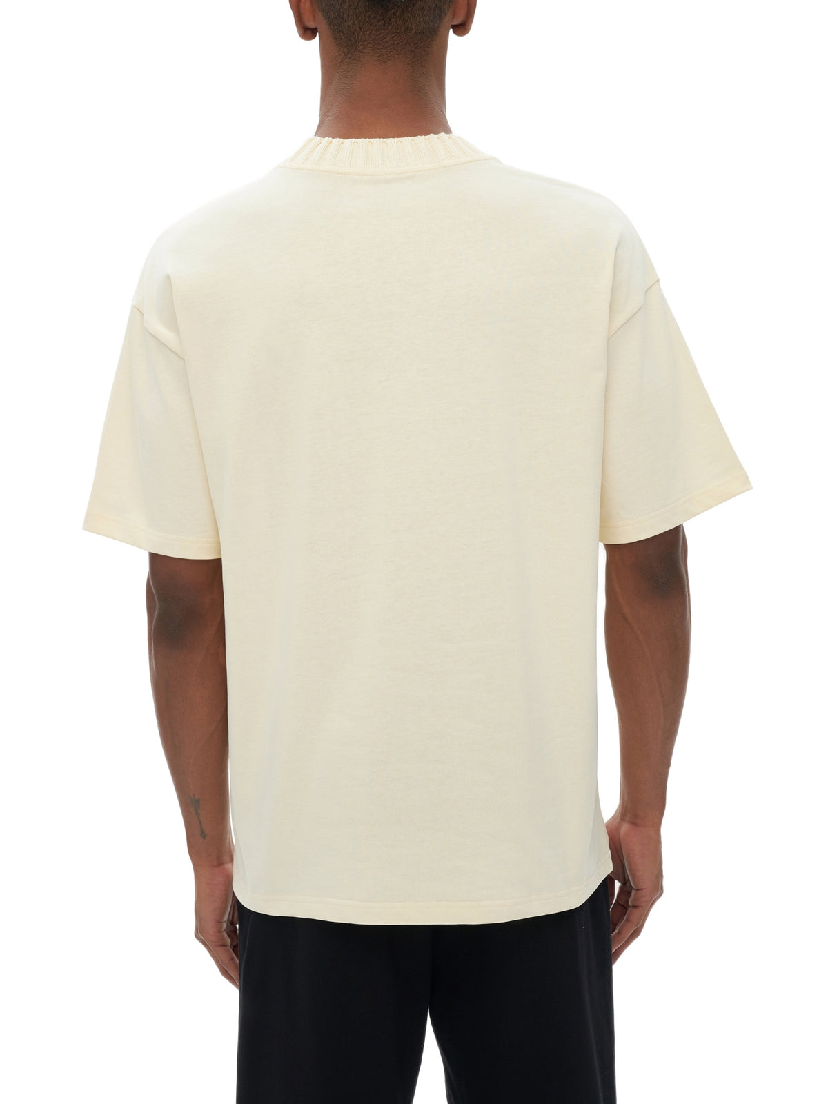 Unisex heavyweight knitted crewneck T-shirt in Apricot – back model view