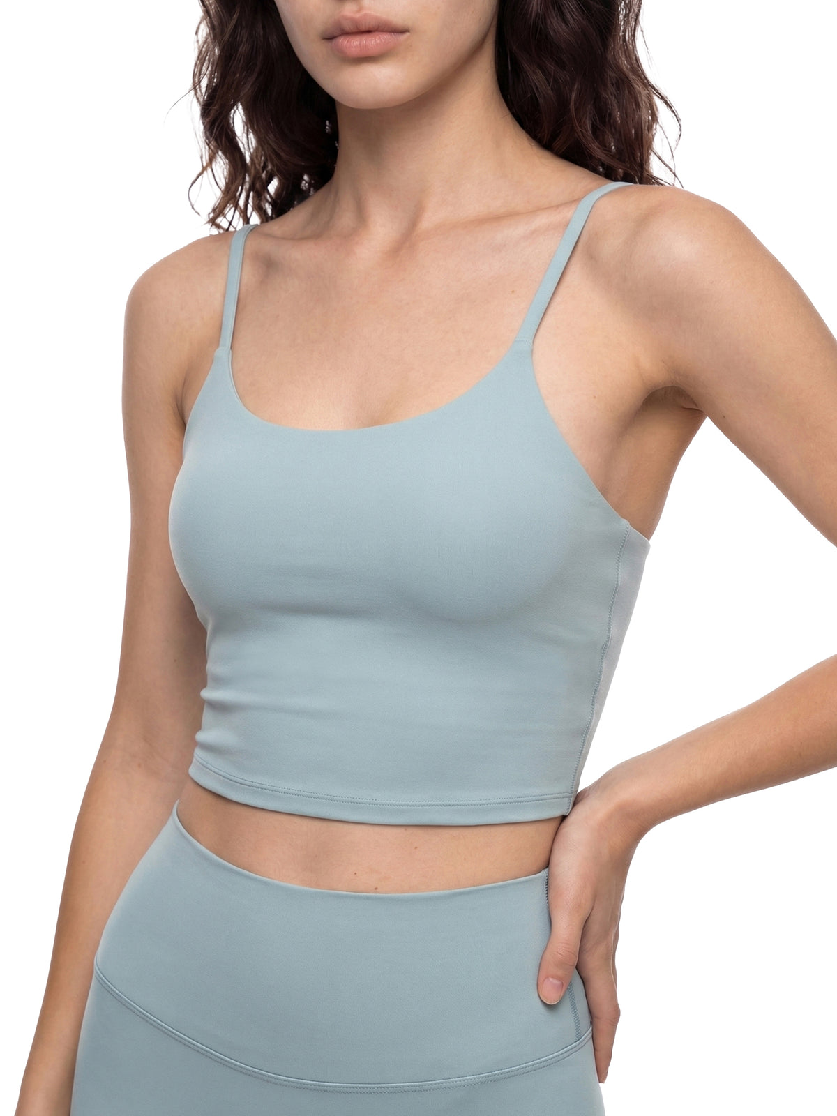 Woman modelling Spaghetti Strap Yoga Sports Bra - angled front view