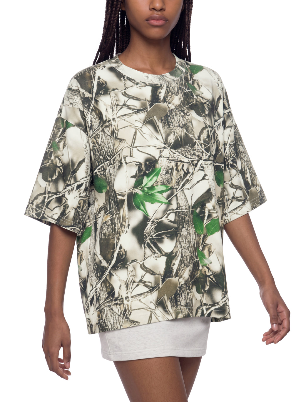 Unisex Tree Camo Boxy T-Shirt on female model front walking view