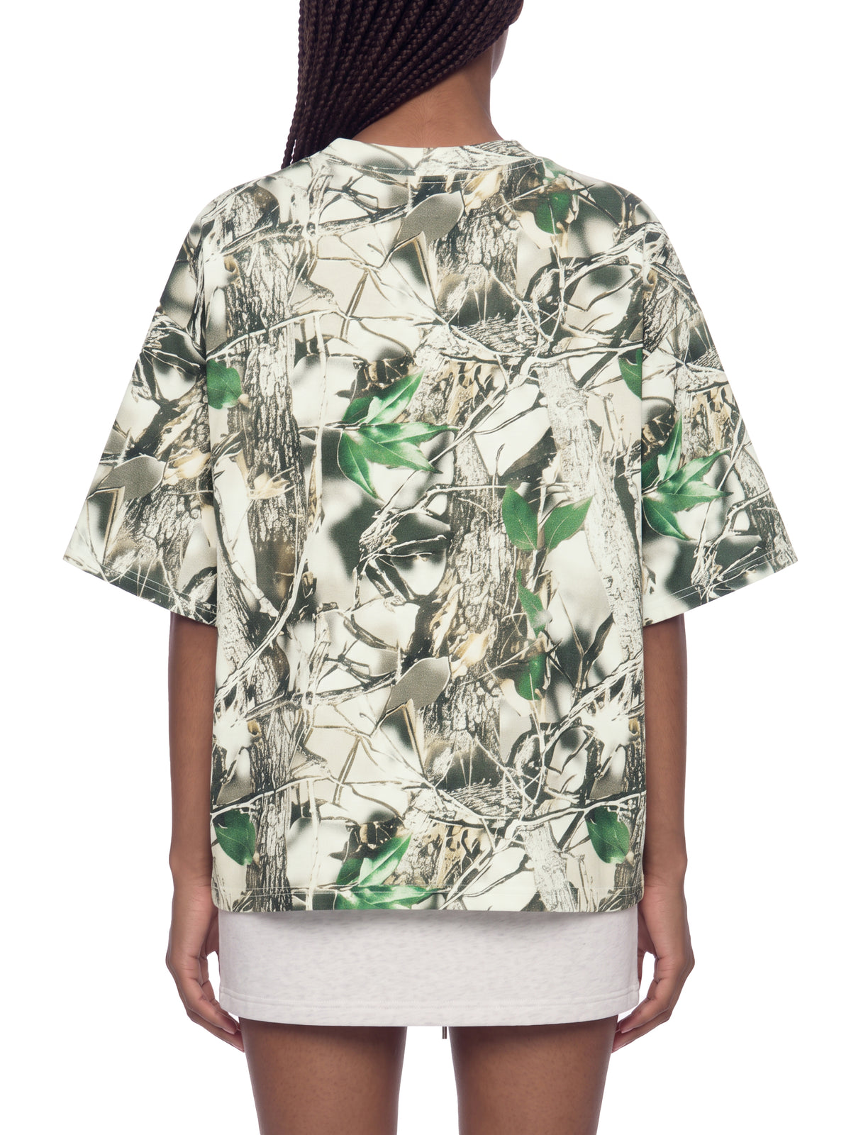 Unisex Tree Camo Boxy T-Shirt on female model back view