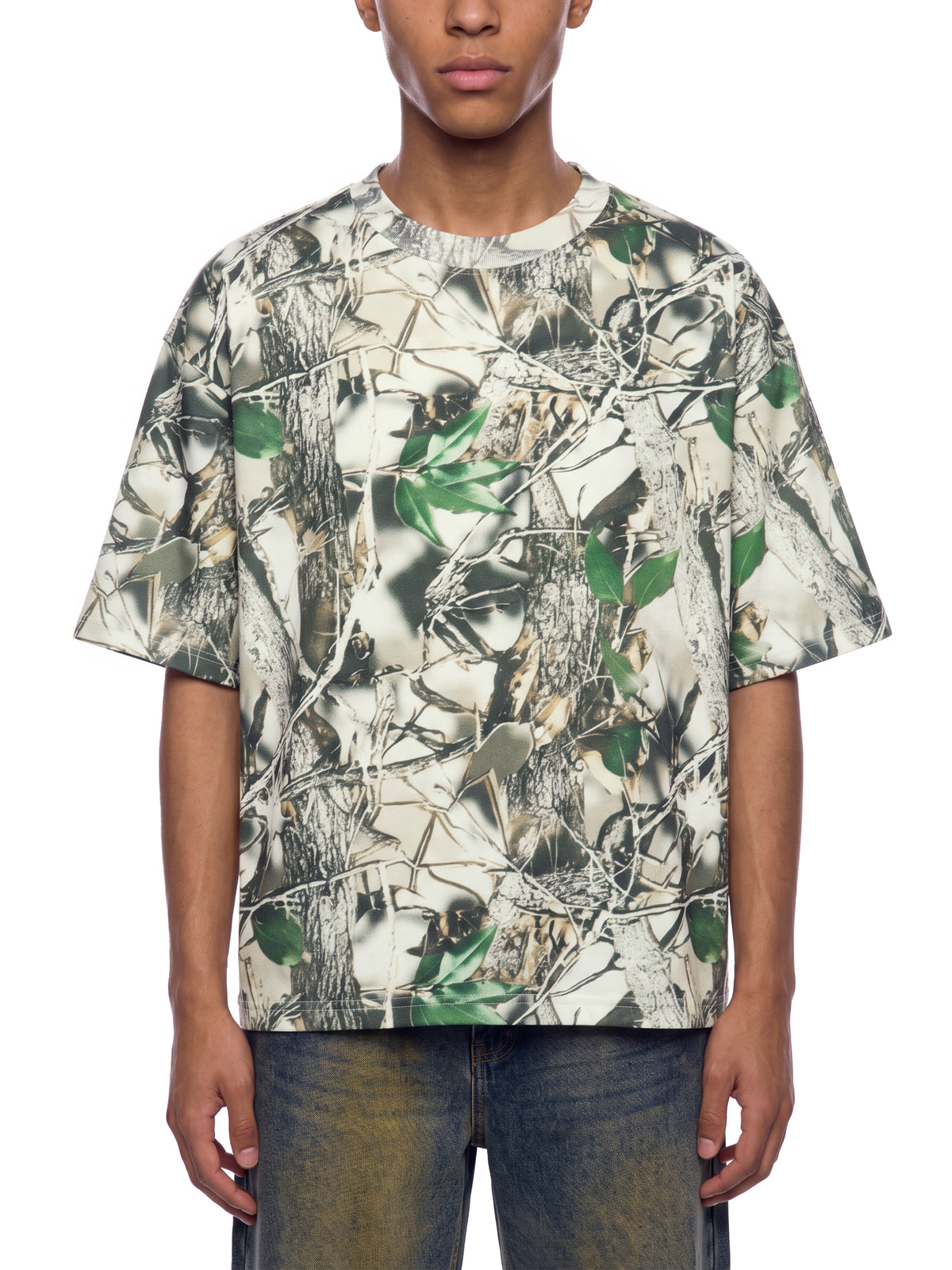 Unisex Tree Camo Boxy T-Shirt on male model front view