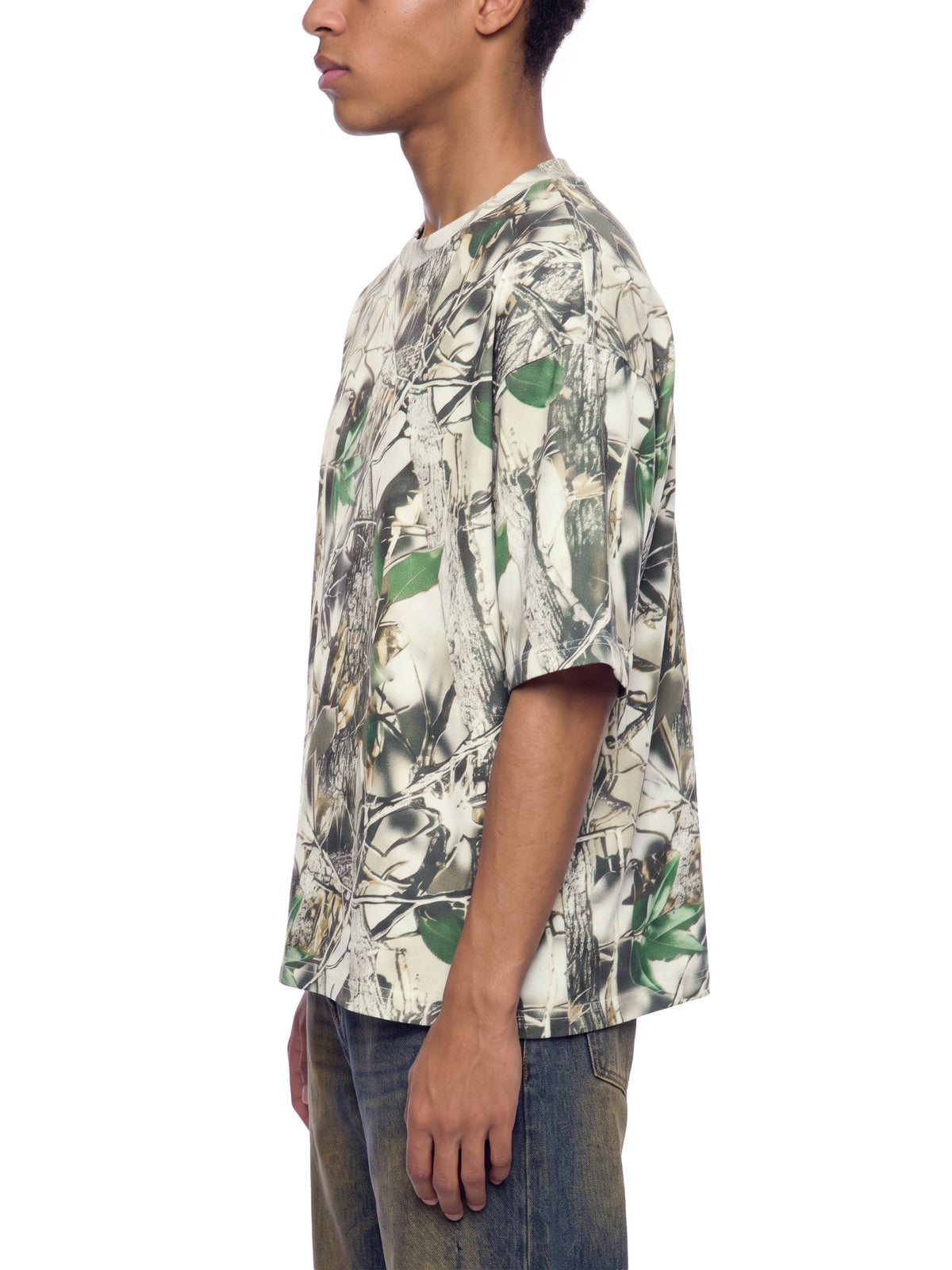 Unisex Tree Camo Boxy T-Shirt on male model side view