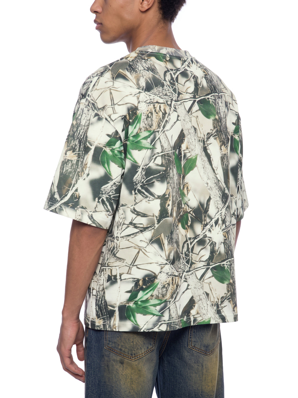 Unisex Tree Camo Boxy T-Shirt on male model rear angle