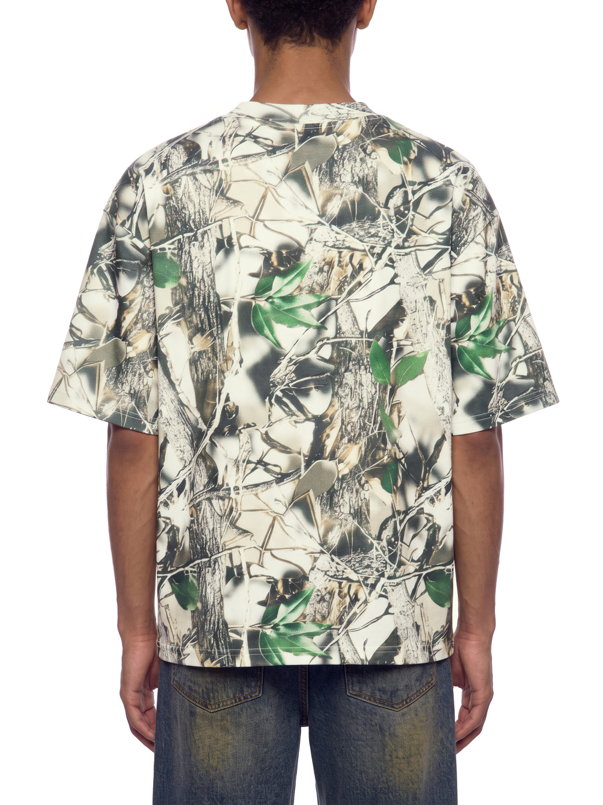 Unisex Tree Camo Boxy T-Shirt on male model back view