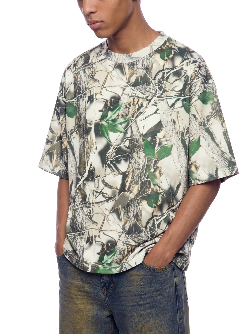 Unisex Tree Camo Boxy T-Shirt on male model front angle